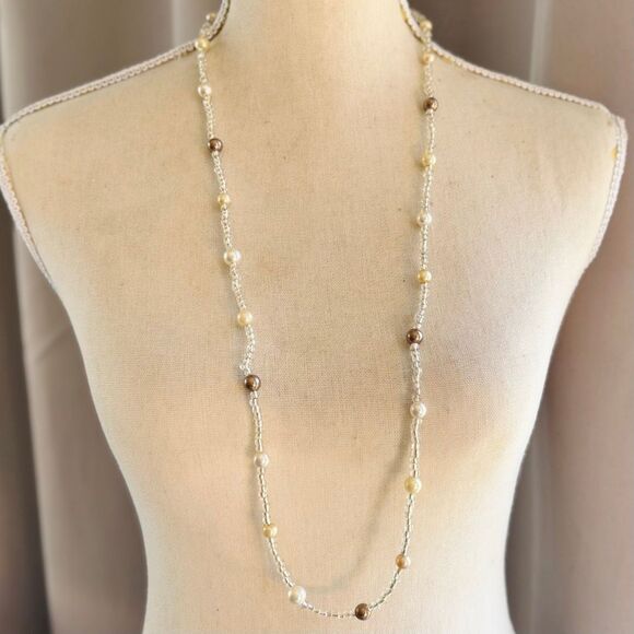 Handcrafted Clear Silver Bead with Vintage Faux Pearl Beads Long Beaded Wrap Nec - Picture 2 of 6